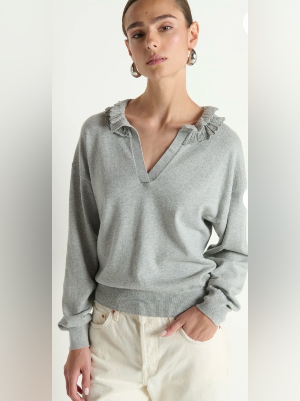 Nation LTD Light Gray Winona Ruffle V-Neck Sweater - Picture 4 of 4